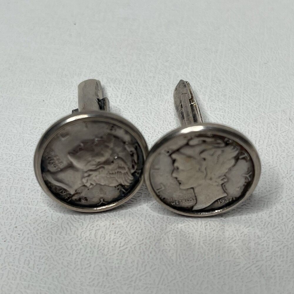 Vintage .925 Silver Mercury Winged Liberty Head Silver Dime 1937 1945 Cufflinks